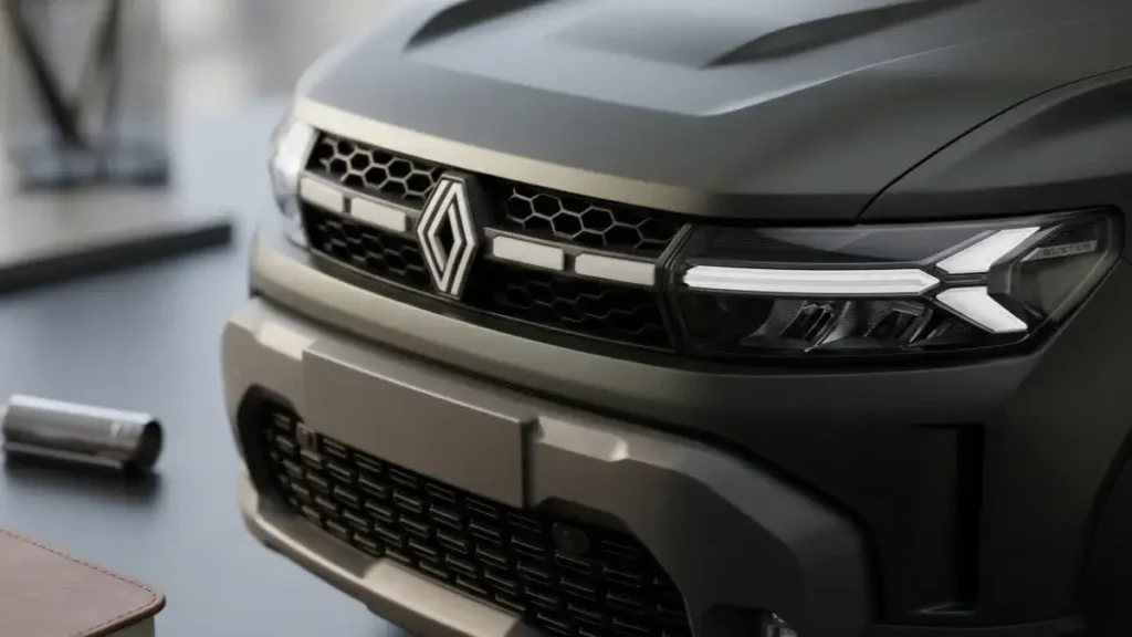 Close-up of Renault Duster 2026 front grille and Y-shaped LED lighting.