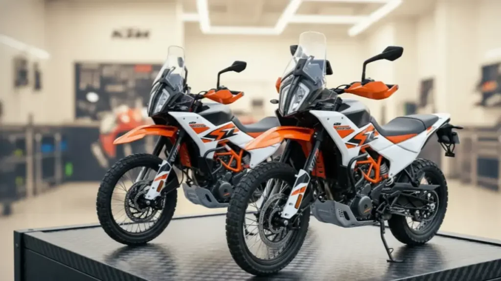 Scale models of KTM 390 Adventure R on a stylish desk.