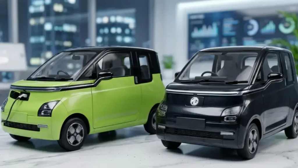 Scale models of MG Comet EV in Green and Black on a stylish desk.