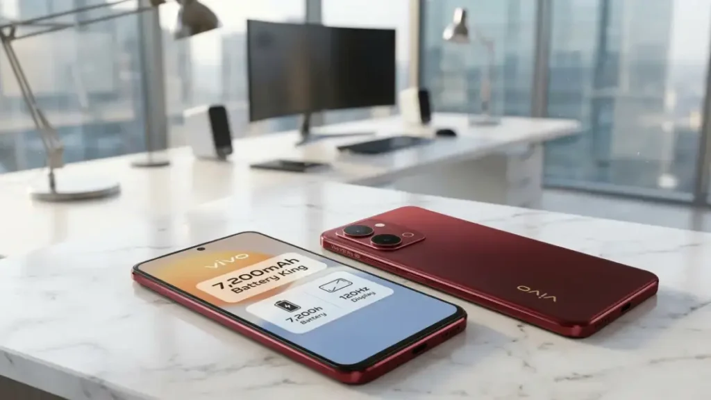 Vivo Y51 Pro 5G Festive Red and Noble Gold variants on a stylish desk.