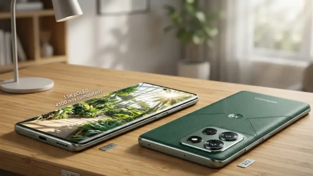 Motorola Edge 60 Fusion front and back design on a stylish desk.