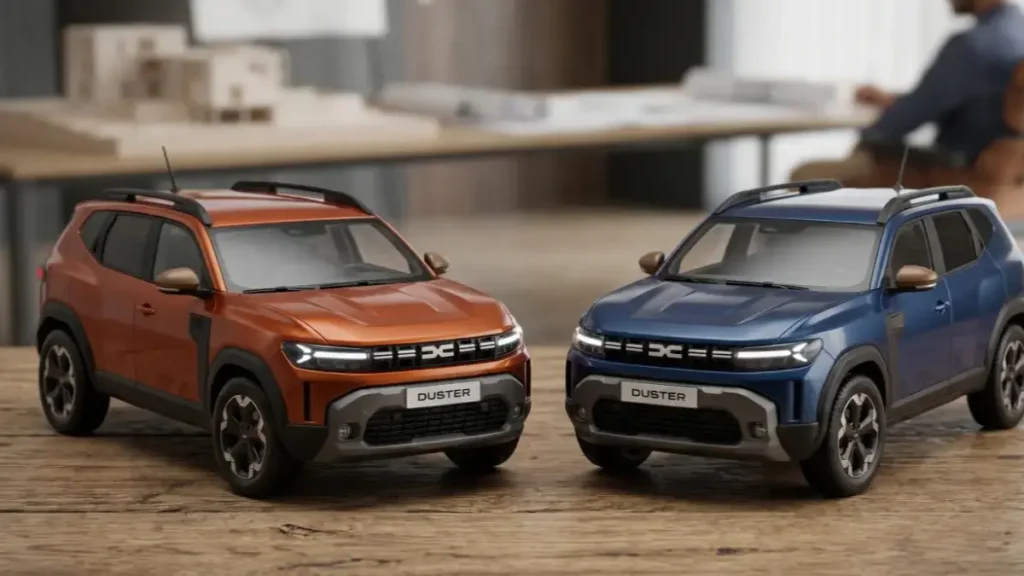 Scale models of New Renault Duster 2026 on a stylish desk.