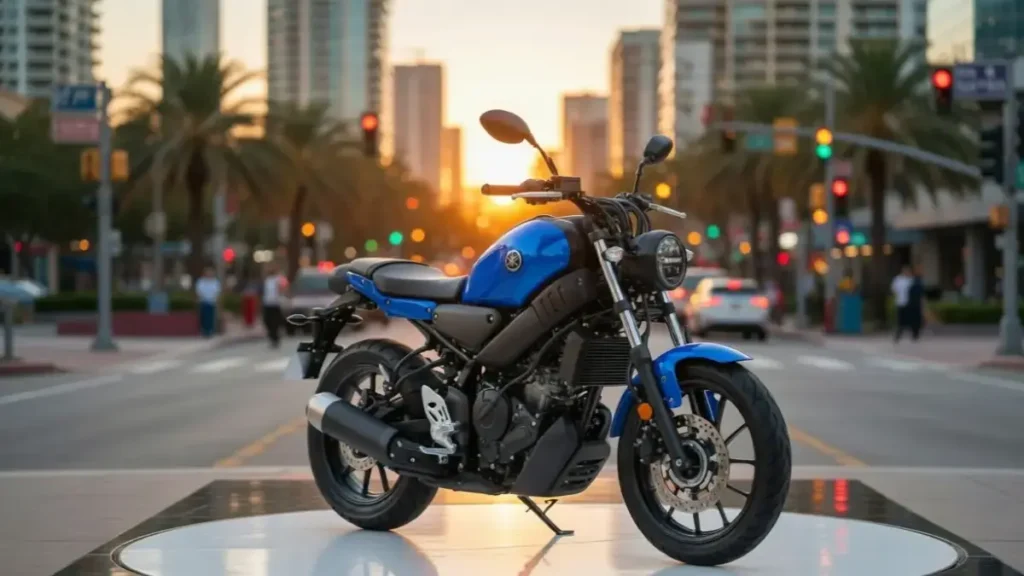 Side profile of Yamaha XSR 155 highlighting its neo-retro design.