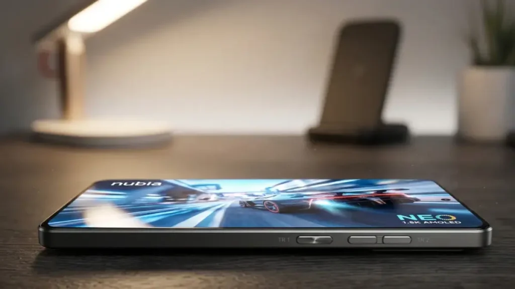 Front view of Nubia Neo 5 GT showcasing the 144Hz display and triggers.