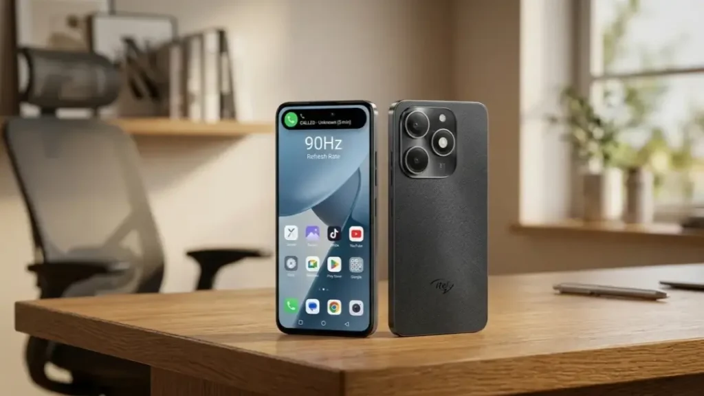 itel Zeno 100 front and back design on a stylish desk.