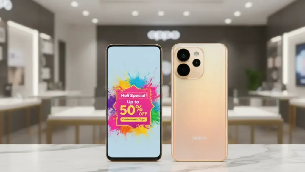 Oppo Reno 15 Pro 5G in Sunset Gold with offer banner on a stylish desk.