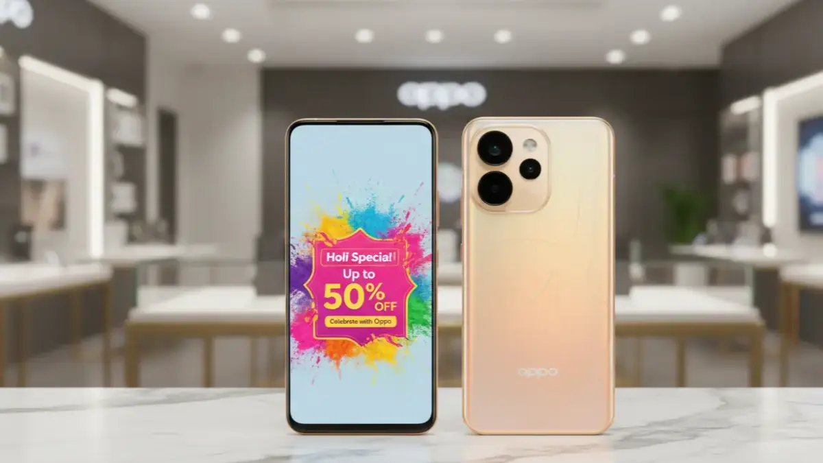 Oppo Reno 15 Pro 5G in Sunset Gold with offer banner on a stylish desk.