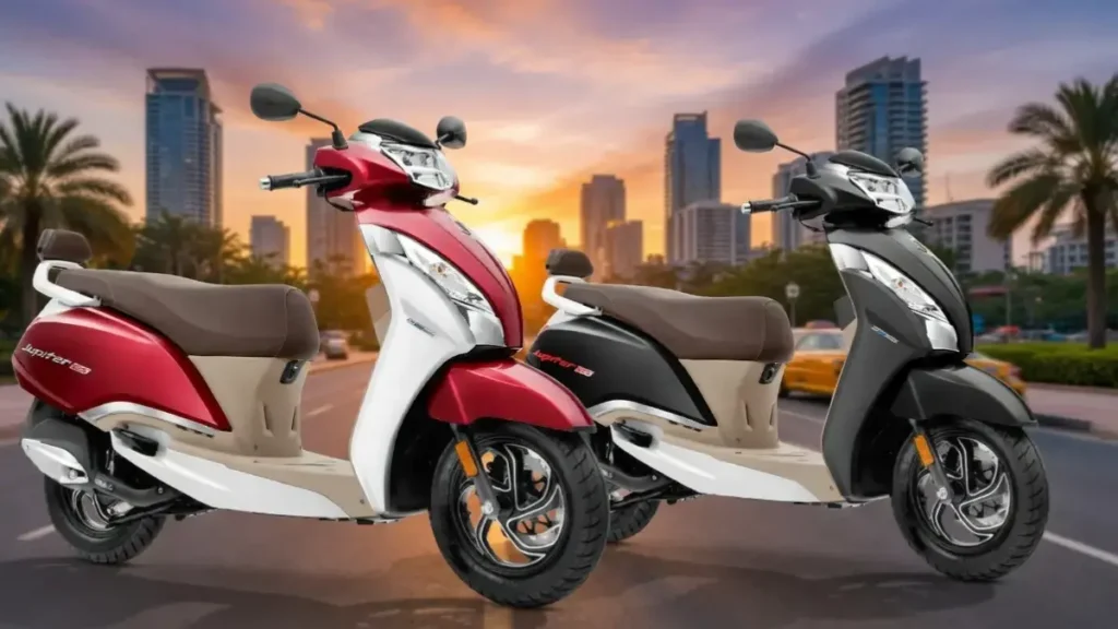 Front profile of TVS Jupiter 125 with premium finish.