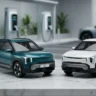 Kia EV2 on a stylish desk highlighting its boxy SUV design and Tiger Face front.