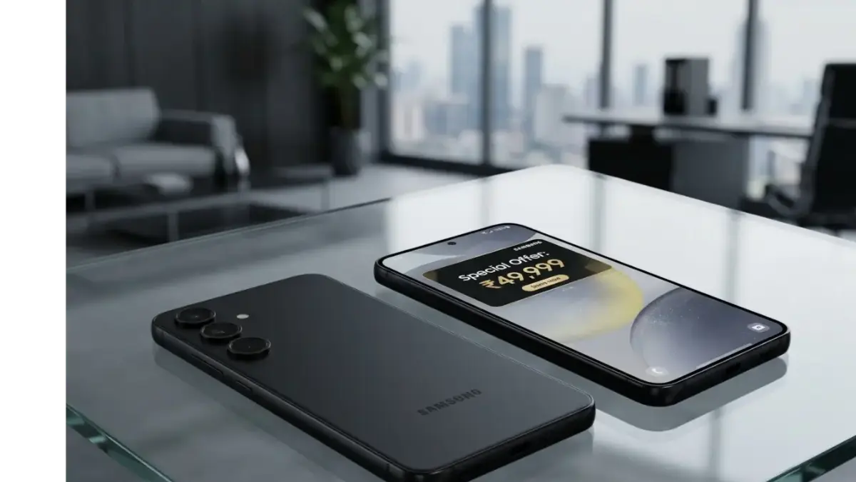 Samsung Galaxy S24 Onyx Black variant on a stylish desk with offer details.