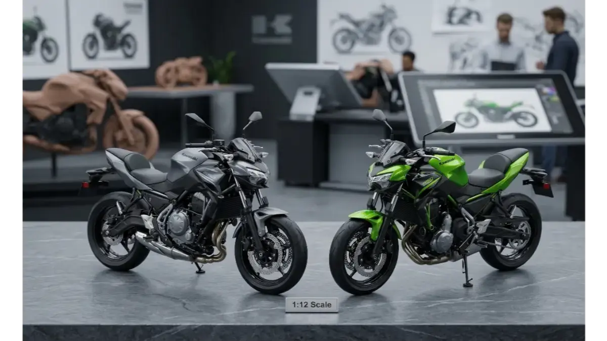 Kawasaki Z650 on a stylish desk highlighting its aggressive Sugomi design.