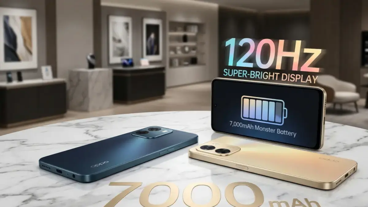 OPPO A6 4G Sapphire Blue and Aurora Gold variants on a stylish desk.