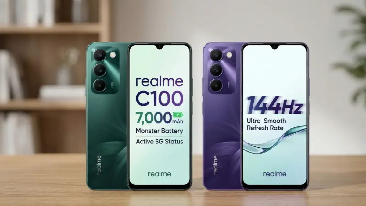 Realme C100 5G Emerald Green and Stellar Purple variants on a stylish desk