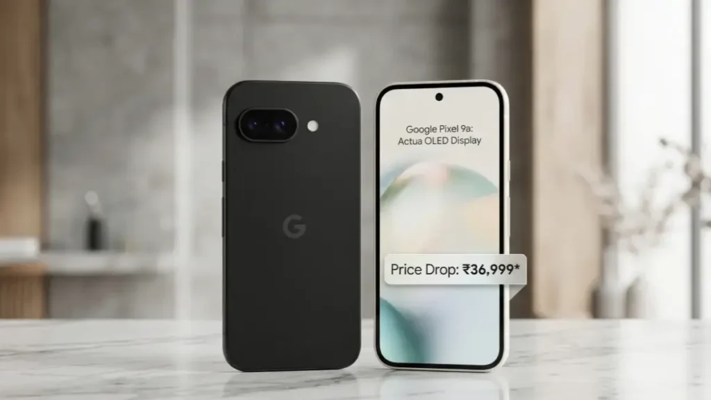 Google Pixel 9a Porcelain and Obsidian variants on a stylish desk with price drop details.