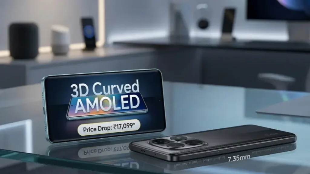 Poco M8 5G Sky Blue and Midnight Black variants on a stylish desk with price drop details.