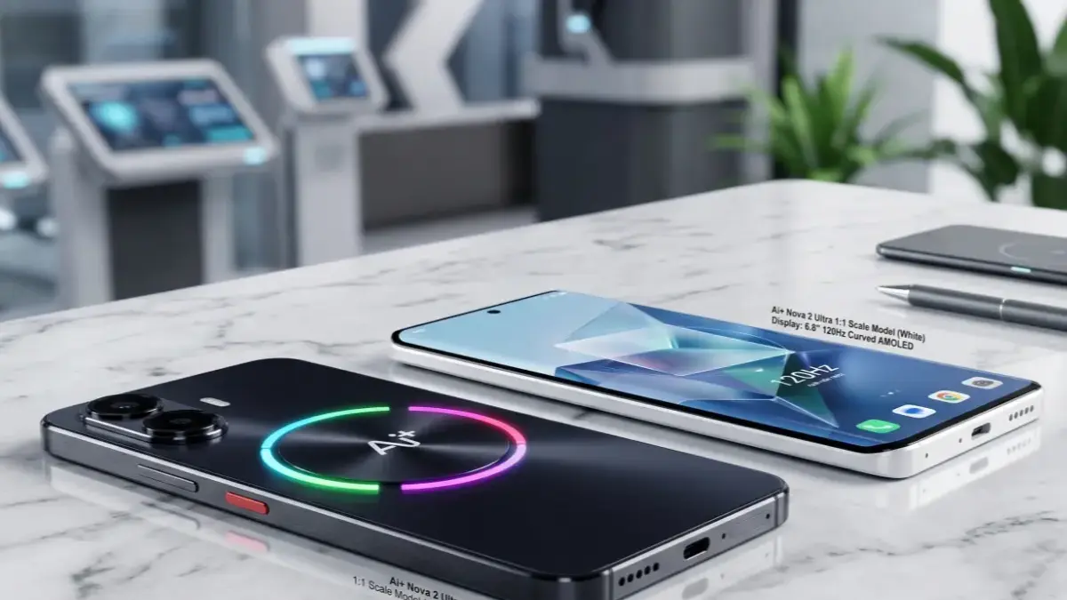 Ai+ Nova 2 Ultra smartphones on a stylish desk showcasing the rear notification light ring.