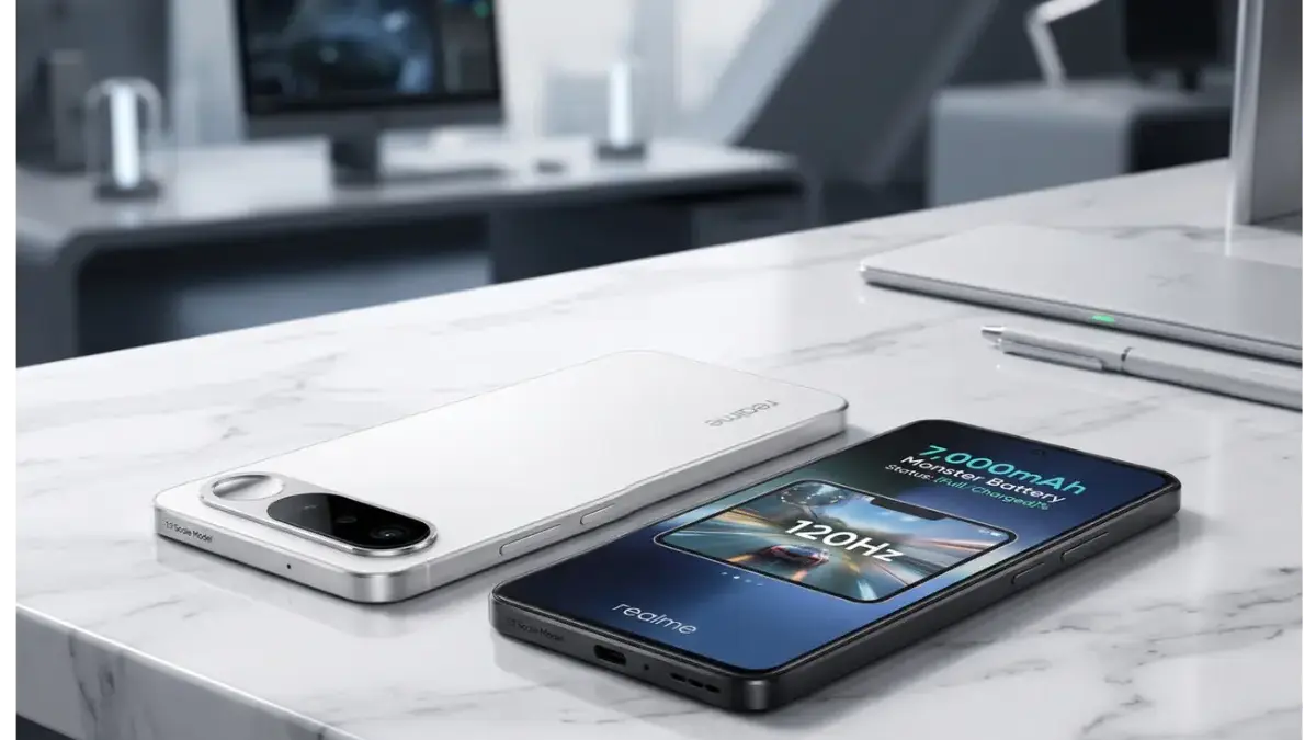 Realme 16 5G smartphones on a stylish desk showcasing the innovative rear selfie mirror.