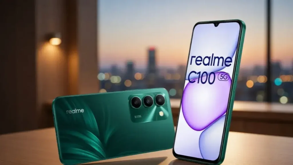 Close-up of Realme C100 5G 50MP camera and durable back panel.