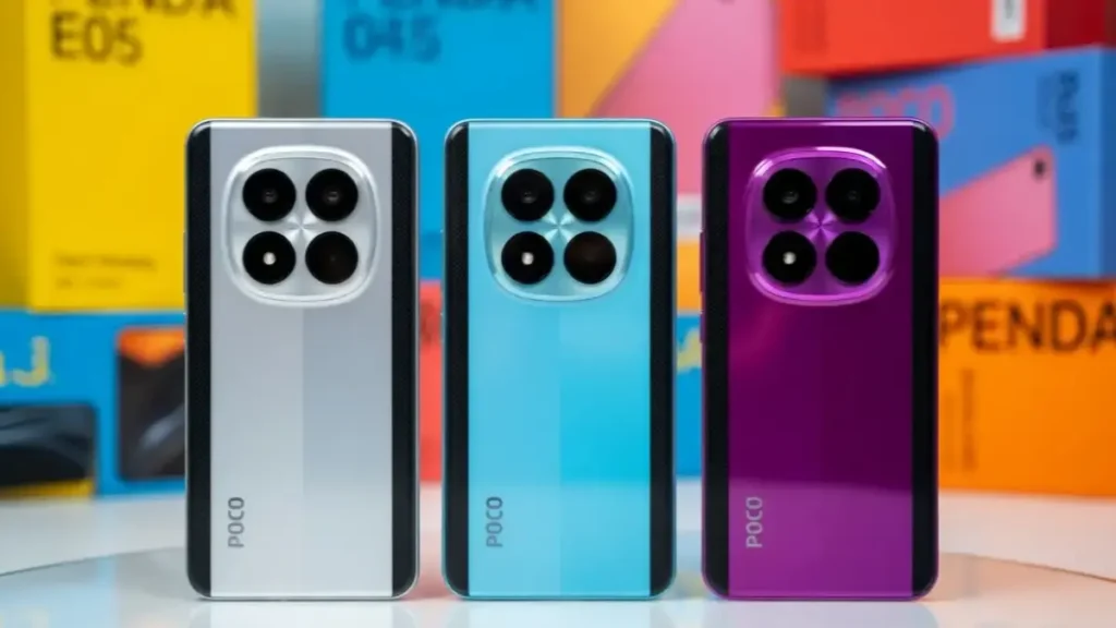 Close-up of Poco M8 5G 3D Curved AMOLED display with 3200 nits peak brightness.