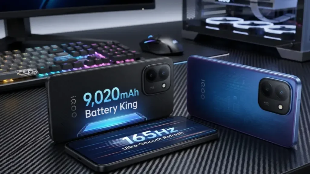 iQOO Z11 Electric Blue and Stealth Black variants on a stylish desk.