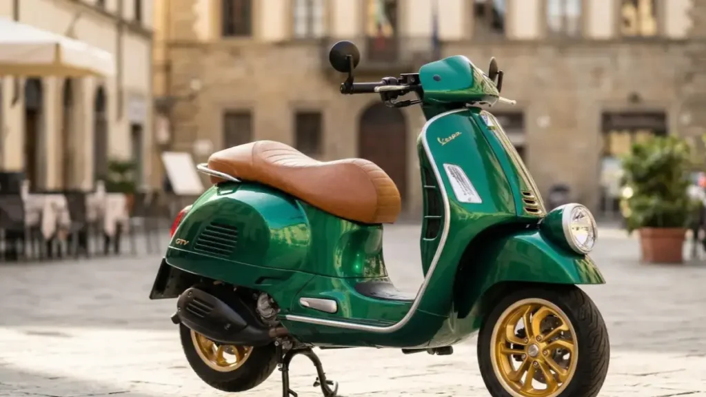 Side profile of Vespa Officina 8 showcasing its exclusive matte finish and ribbed seat.