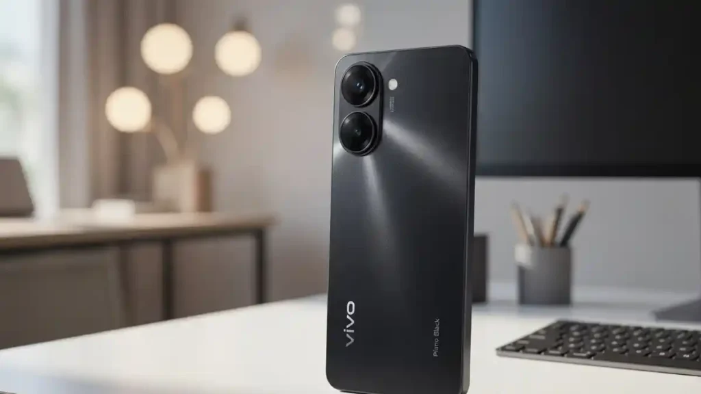 Rear view of vivo Y05 highlighting the camera setup on a stylish desk.