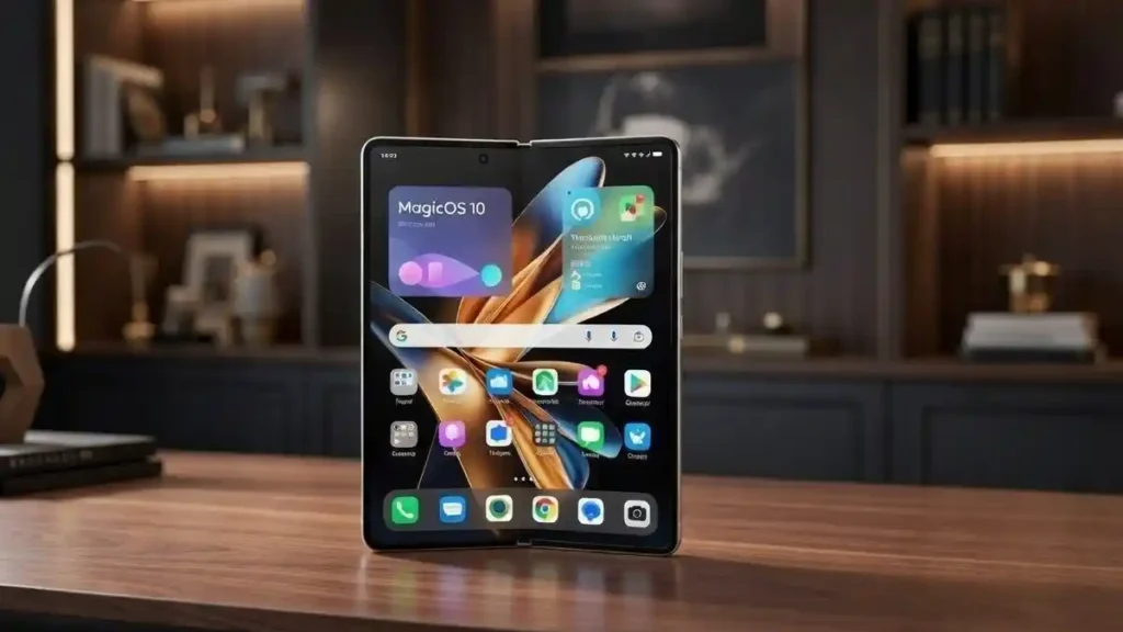 Unfolded front view of Honor Magic V6 showcasing the crease-free display.