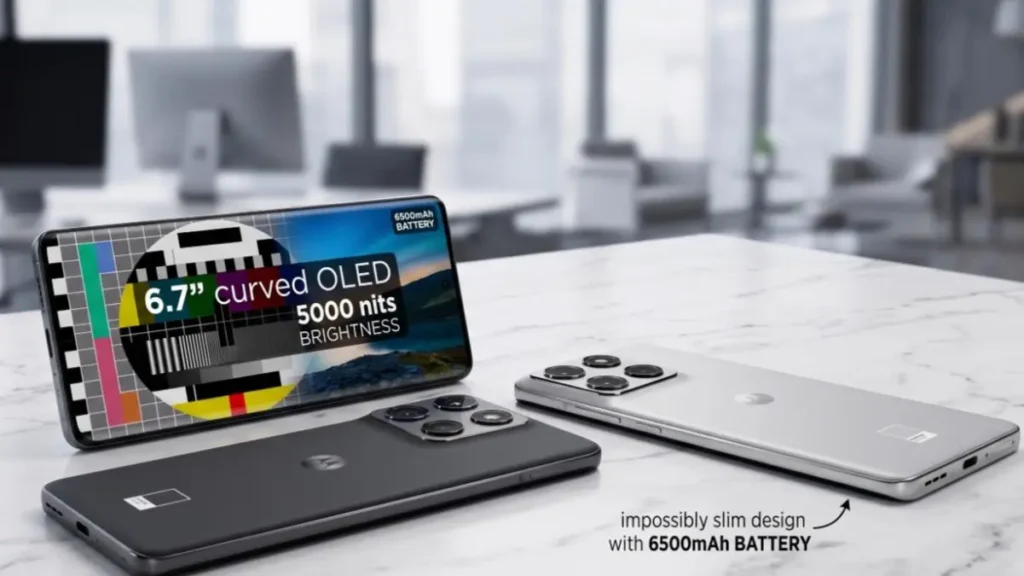 Moto Edge 70 Pro smartphones on a stylish desk highlighting the slim profile and 6500mAh battery.