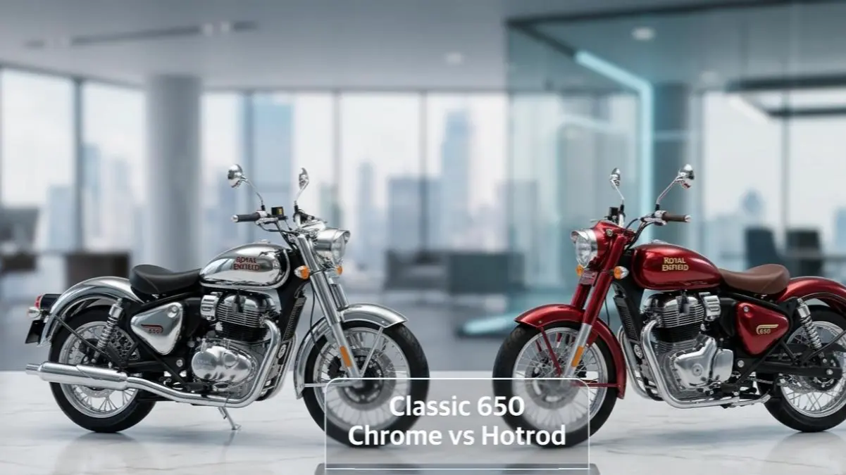 Royal Enfield Classic 650 Chrome and Hotrod variants on a stylish desk.