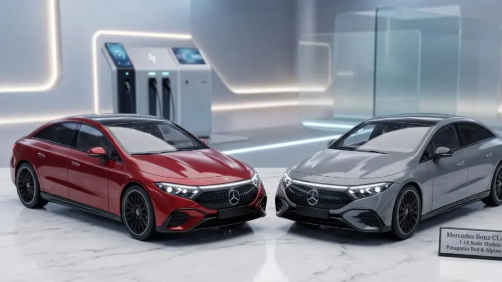 Mercedes-Benz CLA EV on a stylish desk highlighting its aerodynamic coupe design.