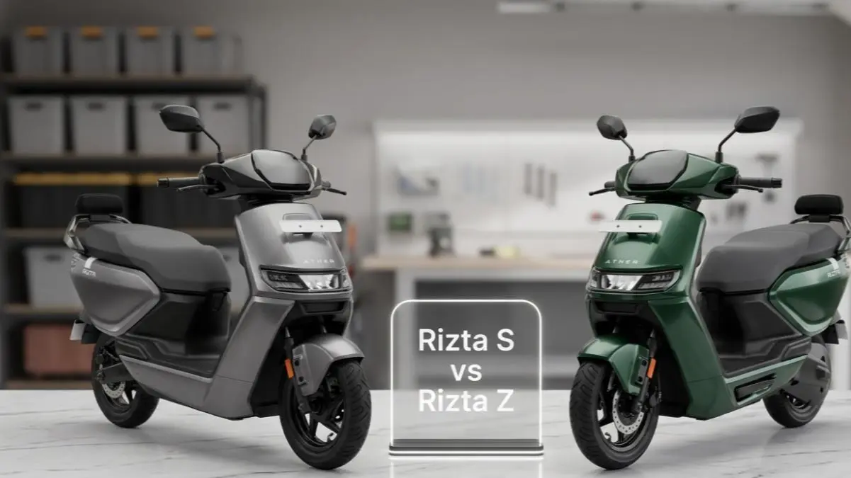 Ather Rizta S and Rizta Z on a stylish desk highlighting its spacious family design.