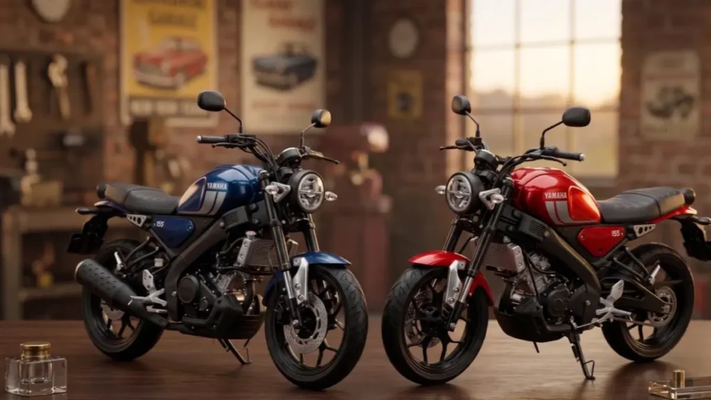 Yamaha XSR 155 on a stylish desk highlighting its neo-retro design.