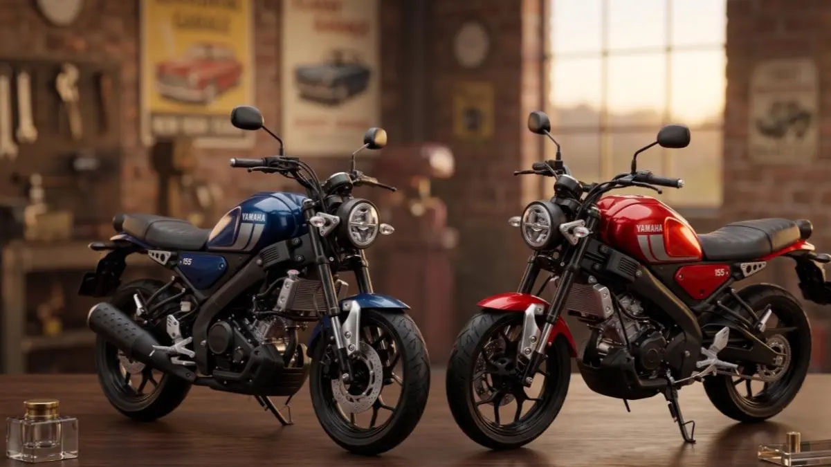 Yamaha XSR 155 on a stylish desk highlighting its neo-retro design.