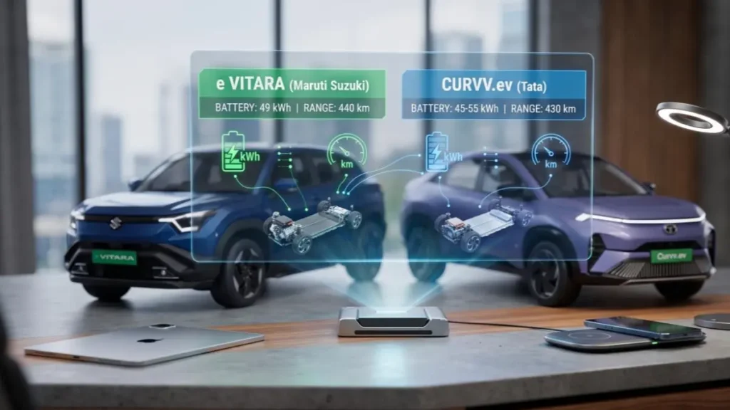 Battery and range comparison between Maruti e Vitara and Tata Curvv EV.