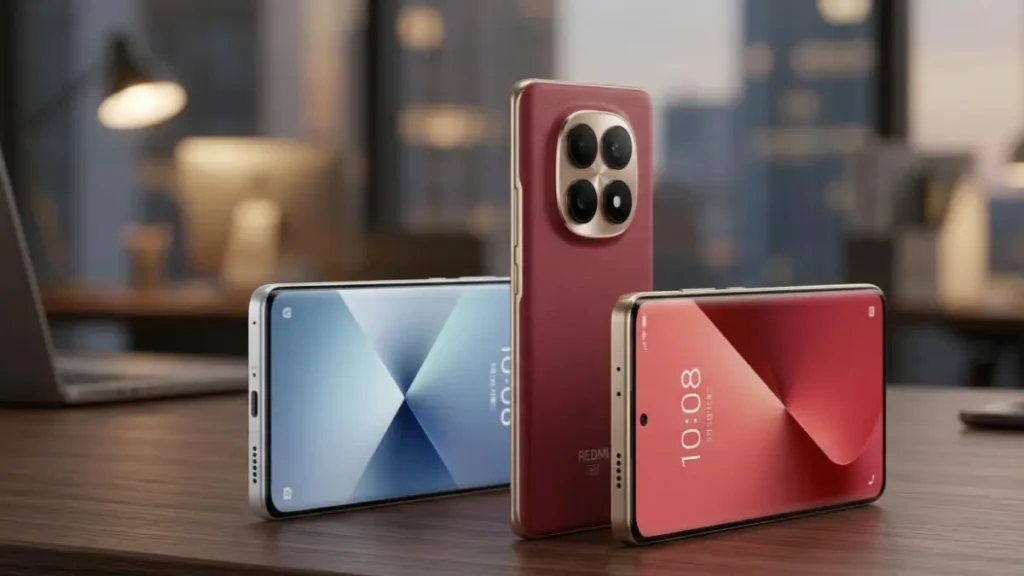 Redmi Note 15 SE 5G Crimson Reserve and Frosted White variants on a stylish desk highlighting the curved display.