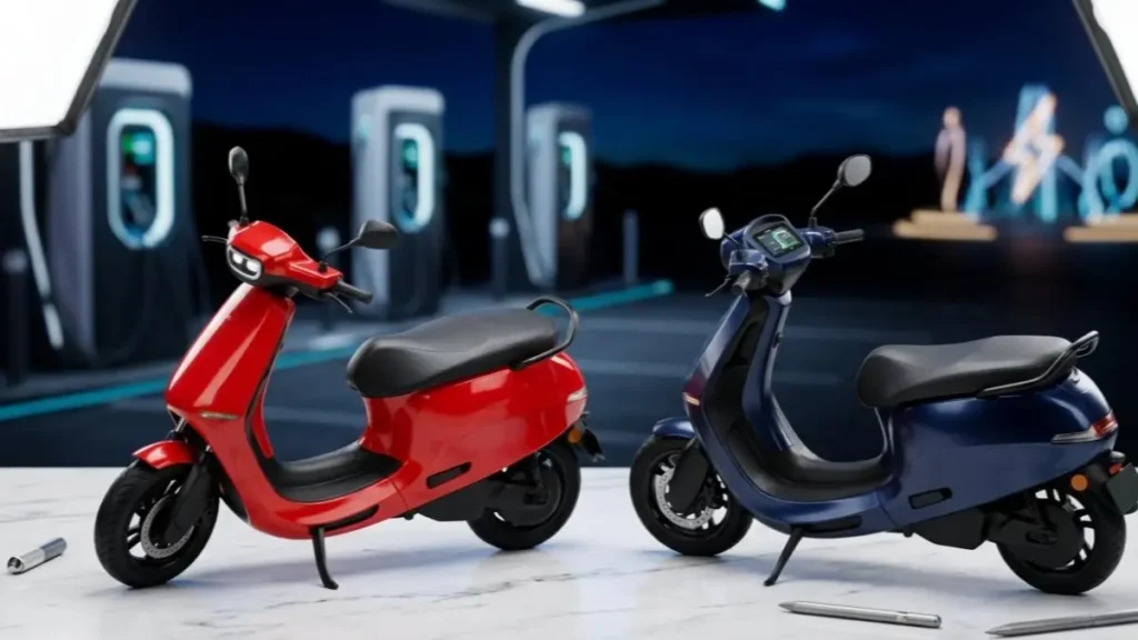 Ola S1 X in Passion Red and Midnight Blue on a stylish desk.