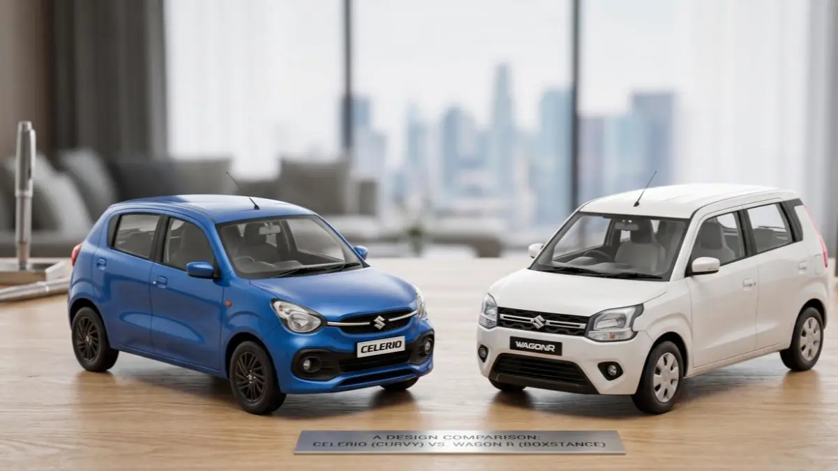 Front comparison of Maruti Celerio and Wagon R scale models on a stylish desk.