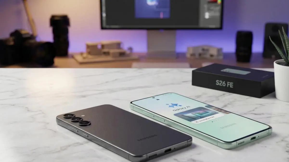 Samsung Galaxy S26 FE Mint Green and Graphite variants on a stylish desk highlighting the slim design.