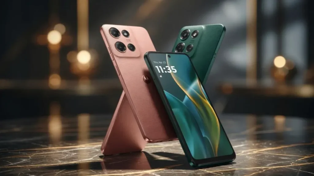 Six Pantone color variants of Moto G87 5G arranged on a stylish desk.