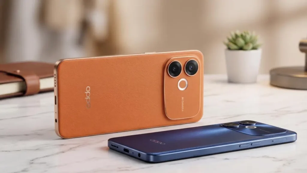 Oppo F33 Pro leaked variants on a stylish desk highlighting the slim design and leather finish.