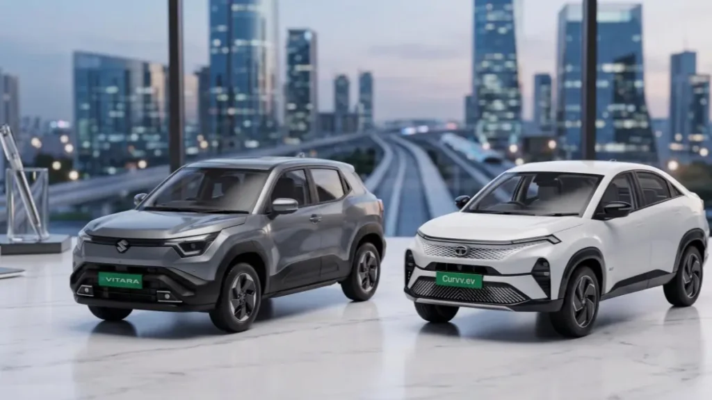Maruti e Vitara and Tata Curvv EV scale models on a stylish desk.