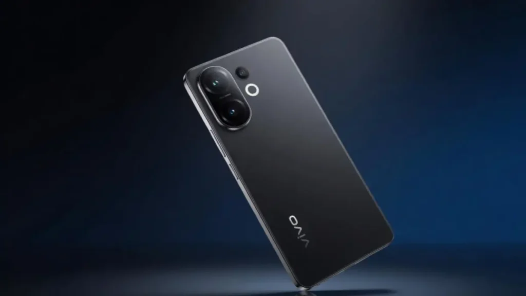 Rear view of Vivo T5 Pro 5G showcasing the 50MP Sony camera and fast charging tech.