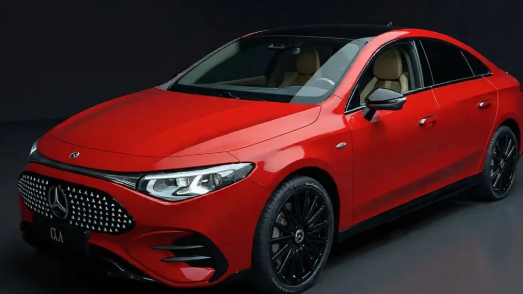 Side profile of Mercedes CLA EV showcasing its long wheelbase and futuristic design.