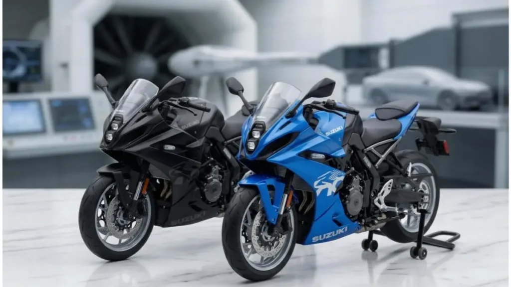 Suzuki GSX-8R on a stylish desk highlighting its aerodynamic sports-tourer design.