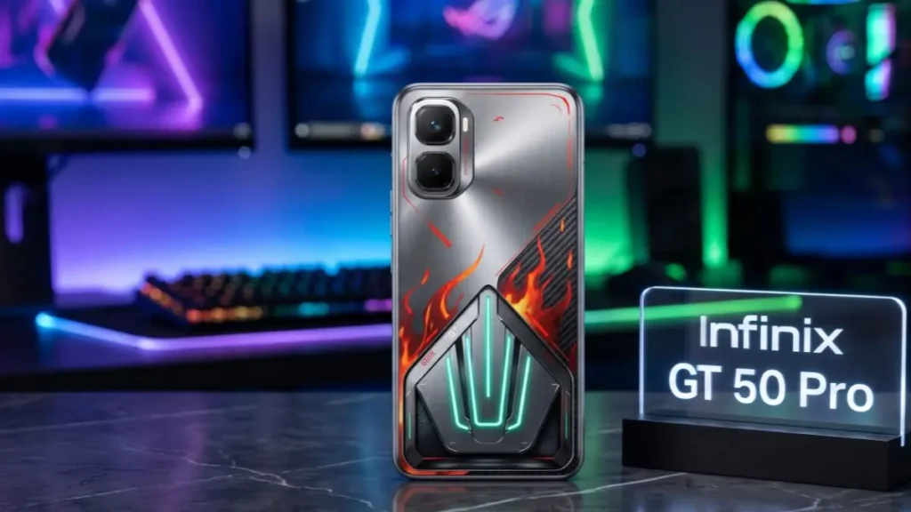 Infinix GT 50 Pro in Red Blaze finish on a stylish desk highlighting its Cyberpunk gaming design.