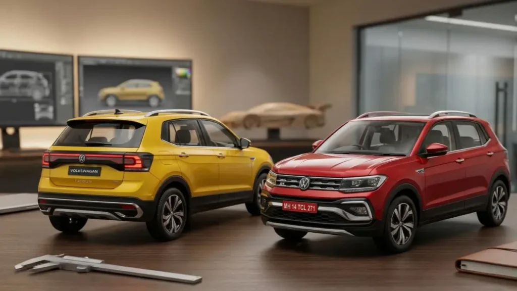 Volkswagen Taigun on a stylish desk highlighting its bold German design.