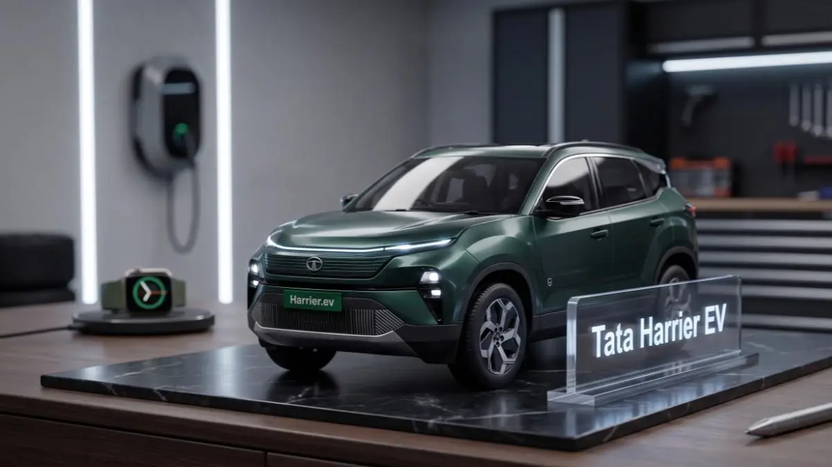Tata Harrier EV on a stylish desk highlighting its rugged electric SUV design.