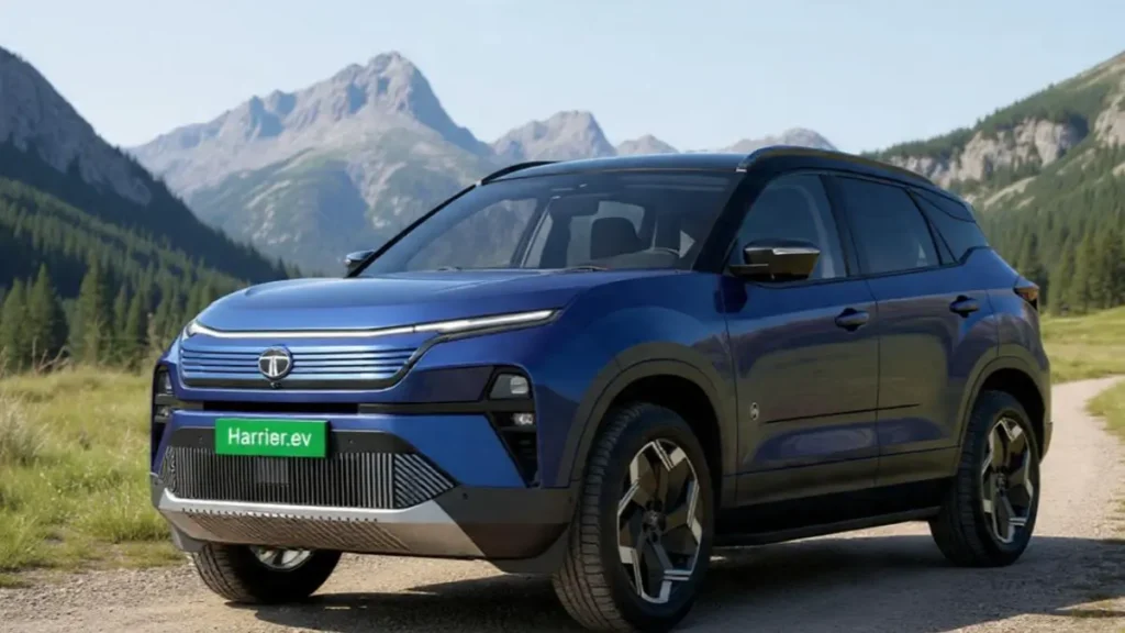 Side profile of Tata Harrier EV showcasing its road presence and AWD capability.