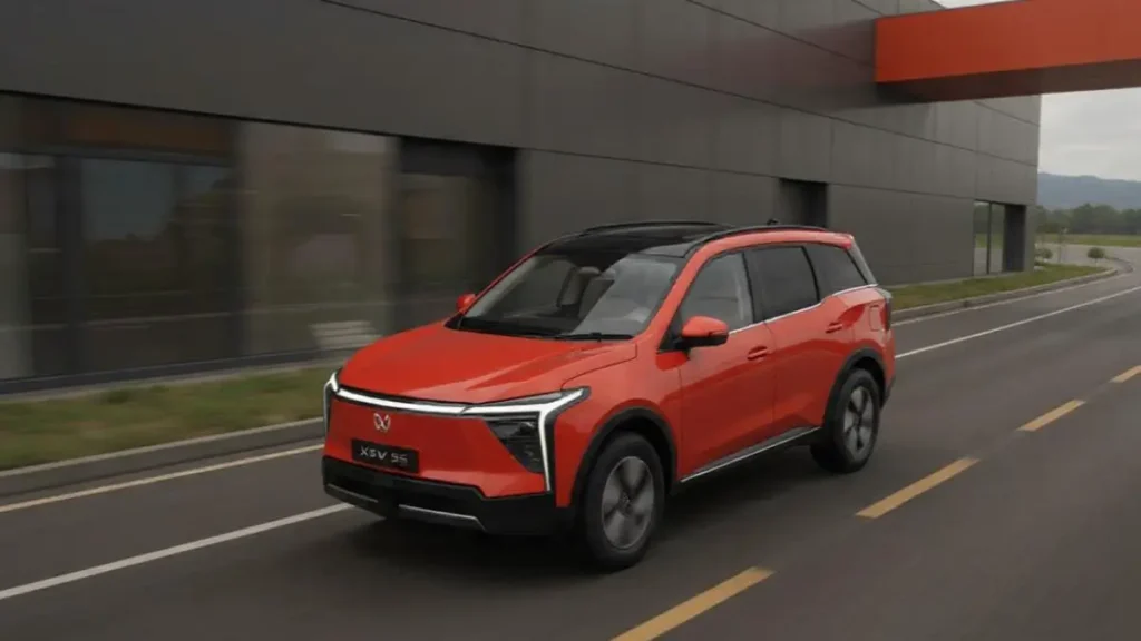 Side profile of Mahindra XEV 9e showcasing its high ground clearance and road presence.