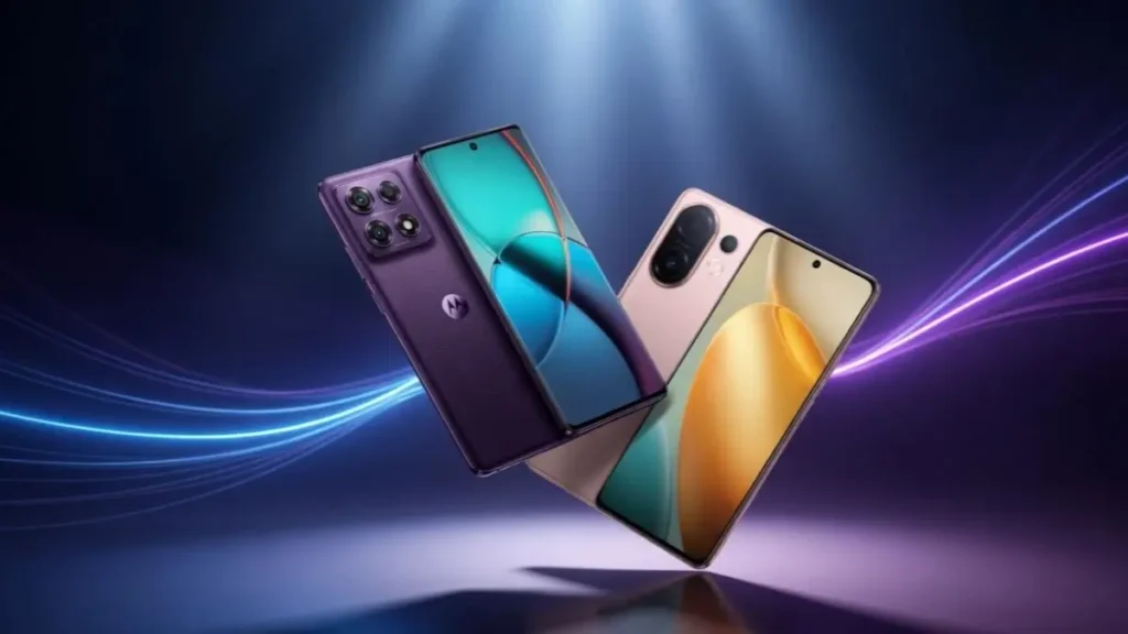 Front comparison of Vivo T5 Pro and Motorola Edge 70 Fusion displays on a stylish desk.